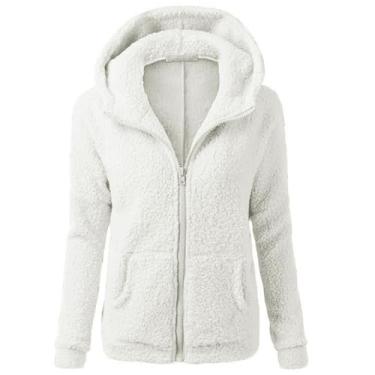 Imagem de Casaco feminino com capuz outono jaqueta manga casaco casual, Branco, 5G