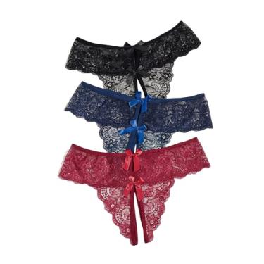 Imagem de Milumia Pacote com 3 calcinhas femininas de renda floral, sexy, cintura baixa, calcinha de biquíni sem virilha, Preto, azul, vinho, M