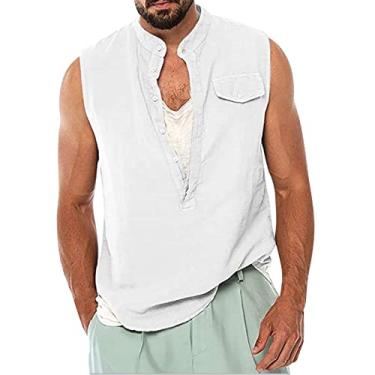Imagem de Coletes masculinos verão outono sem mangas decote em V linho camiseta regata nó simples coletes masculinos 2024 Y2K, A-05 Branco, Medium