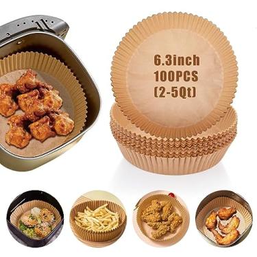 Imagem de Forros de fritadeira a ar descartáveis, 100 peças de forros de airfryer descartáveis antiaderentes, papel pergaminho cru de 15 cm, forros redondos de papel para fritadeira a ar de 2 a 5 QT, assar