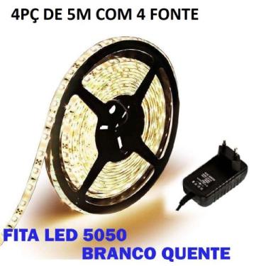 Imagem de Kit 4 Fita Led 5050 Branco Quente 3000k Luz Amarela Bivolt Com Fonte -