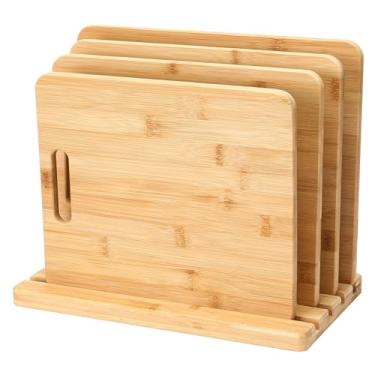 Imagem de Patelai Conjunto de 5 peças de tábua de corte de bambu, 4 tamanhos variados, tábua de cortar e 1 suporte de tábua de corte com ranhura para cozinha, picar legumes, carne, frutas, festa