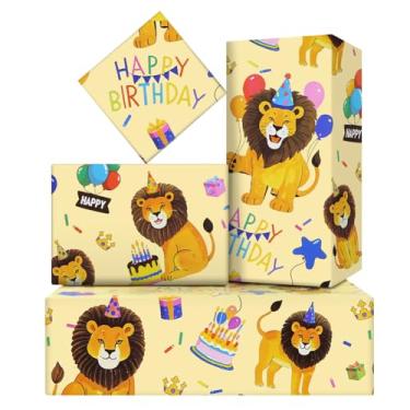 Imagem de Divertido e divertido safári festa na selva bebê leão rei Simba com chapéu de aniversário e balão dobrado conjunto de papel de embrulho plano dobrado 6 folhas em 1 design: 23 pés quadrados, embrulho