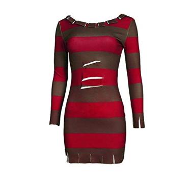 Imagem de Vestido feminino assassino cosplay fantasia slasher saia listrada vermelha manga longa vestido pulôver sexy ternos de Halloween, Vermelho, M