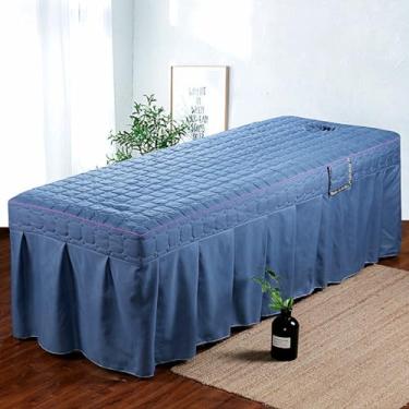 Imagem de Capa de cama para salão de beleza, cor sólida, para mesa de massagem, com saia, lençol grosso macio com bolso lateral, colcha de spa de massagem profissional com furo azul||70 * 185 cm