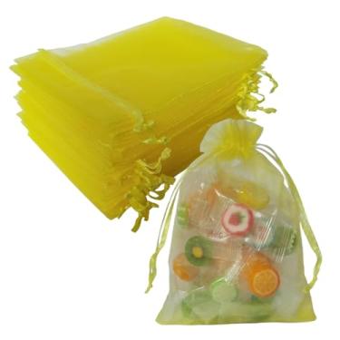 Imagem de Sacos de presente com cordão de organza 100 peças, amarelo para joias, doces, cosméticos, sabonete, contas, tecido transparente, sachê de malha transparente para chá de bebê, Natal, lembrancinhas de