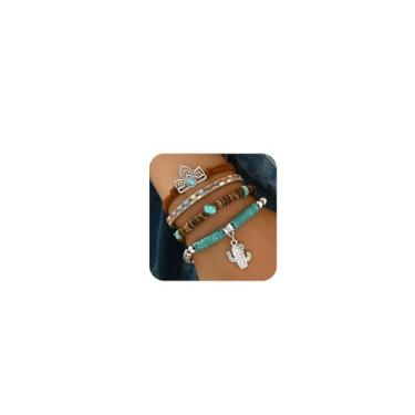 Imagem de YYDSVOVO Pulseiras turquesa ocidentais vintage empilháveis Western Cowgirl Boho lLayered cabeça de boi cacto cruz vaca stretch berloque contas elásticas joias acessórios country, adjustable, Sem Pedra