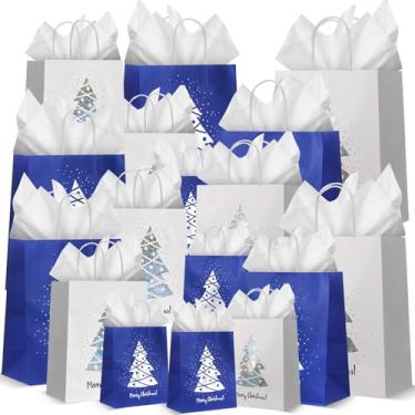 Imagem de Humyoun Pacote com 18 sacos de presente de Natal, tamanhos variados, com papel de seda, azul e branco, com árvore de Natal brilhante (6 pequenos, 16,5 cm, 6, médios, 24,4 cm, 6 grandes, 33 cm) para