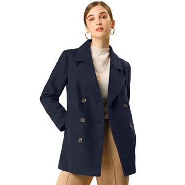 Imagem de Casaco feminino de inverno Allegra K com lapela entalhada e mangas compridas trespassado, Dark Navy Blue, Large