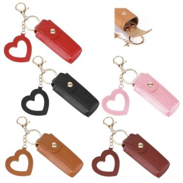 Imagem de QfwdfcTrenz Suporte de batom portátil de couro PU com espelho, chaveiro de batom, protetor labial portátil, organizador de manga para batons, perfume, esmalte de unha