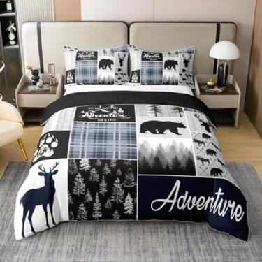 Imagem de Erosebridal Capa de edredom rústica patchwork, 100% algodão, tamanho king, urso, cervo, para crianças, meninos, adolescentes, homens, floresta, vida selvagem, edredom xadrez, buffalo, xadrez, cabana