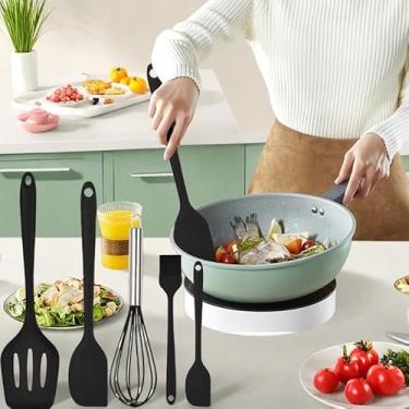 Imagem de Conjunto de utensílios de cozinha de silicone de 5 peças – espátula resistente ao calor, espátula, batedor, escova para cozinhar e assar (cabo preto)