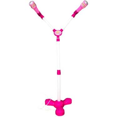 Imagem de Microfone Duplo Infantil Rosa para Karaokê, Brinquedo Musical com 2 Microfones, Ideal para Crianças, Base com Suporte