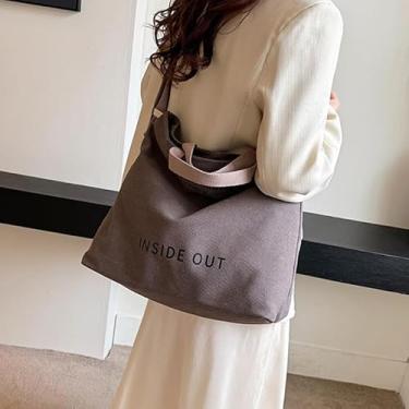 Imagem de Sacola casual grande de lona com estampa do alfabeto, bolsa de ombro moderna com zíper e alça ajustável - para mulheres - adequada para trabalho, deslocamento, faculdade e transporte de livros, cinza