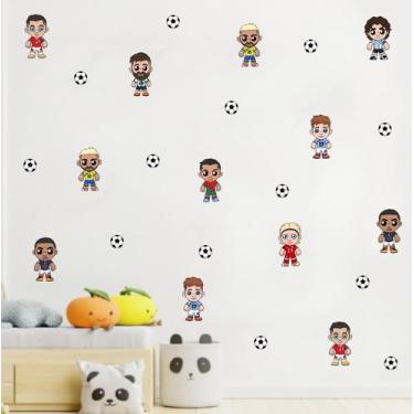 Imagem de adesivo de parede mini jogadores e bolas de futebol decoração esportiv