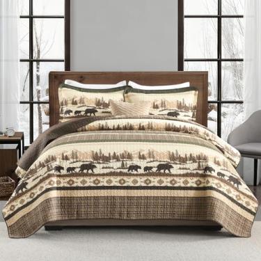 Imagem de Finlonte Conjunto de edredom tamanho king, 100% algodão, conjunto de edredom de 3 peças, colcha acolchoada listrada para todas as estações (250 x 228 cm)