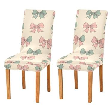 Imagem de SEHANY Conjunto de 2 capas de cadeira com laço de bolinhas rosa para sala de jantar, elástico, removível e lavável, para cozinha, hotel, festa, Natal