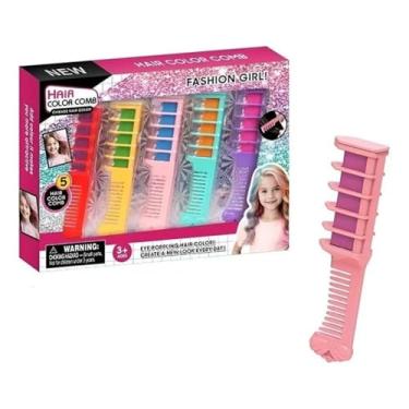 Imagem de Giz para Cabelo Infantil Lavável – Kit com 5 Pentes Coloridos, Tinta Temporária Não Tóxica para Crianças