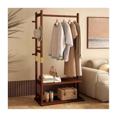 Imagem de Rack de roupas com prateleira inferior, suporte de madeira maciça resistente, organizador de armário para quarto, lavanderia, sala de estar