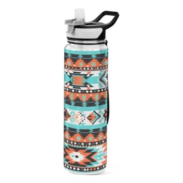 Imagem de Burbuja Garrafa de água Ethnic Stripe de 940 ml com tampa de palha, à prova de vazamento e livre de BPA para academia, esportes ao ar livre