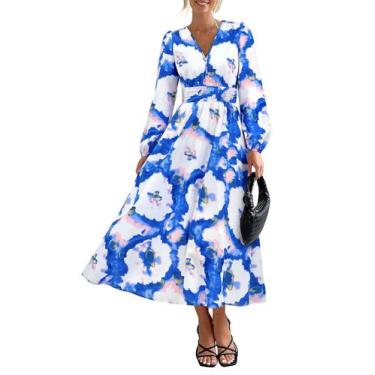 Imagem de Vestido PRETTYGARDEN Azul e Branco Aquarela Decote V Manga Longa