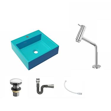 Imagem de Kit Cuba Q395 C/Torneira Pratika 1060 Metal + Válvula Click 1''G + Sifão Cromado + Flexível Azul Turquesa