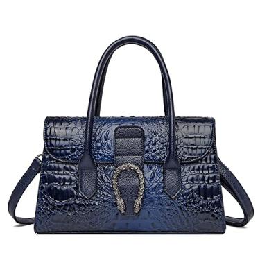 Imagem de Bolsa de ombro feminina com alça superior de couro padrão de crocodilo bolsa de mão feminina média fashion, Azul