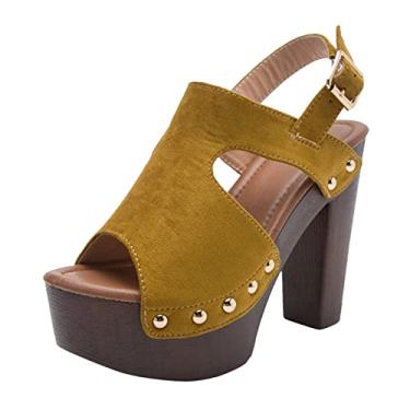 Imagem de Sandálias fechadas para mulheres salto de couro preto bota top tendência sandálias de salto plataforma grosso, Amarelo, 8.5