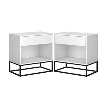Imagem de Kit 2 Mesas de Cabeceira Para Quarto Estilo Industrial C/Gaveta e Nicho com Base de Ferro Preto 45cm Largura Para Apartamento (Branco)
