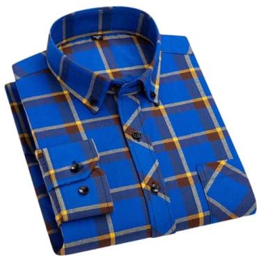 Imagem de Camisa xadrez masculina de manga comprida com bolso único e ajuste padrão de flanela, 7700, XXG