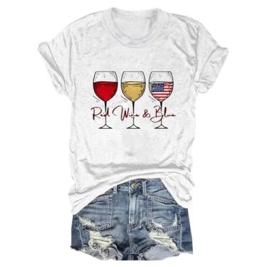 Imagem de Camisetas patrióticas femininas verão bandeira americana listras estrelas vermelho branco azul blusa gráfica taça de vinho, Branco, G
