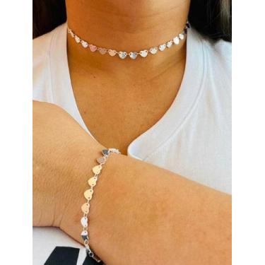 Imagem de Kit Conjunto Colar e Pulseira Plaquinhas de Corações Liso Folheado a O