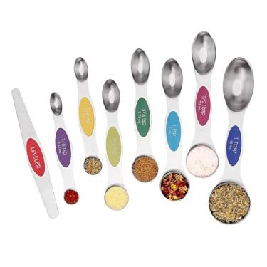 Imagem de SHIKORI Conjunto de 8 colheres magnéticas de medição de aço inoxidável empilháveis de dois lados e colheres de sopa para medir ingredientes secos e líquidos - multicolorido