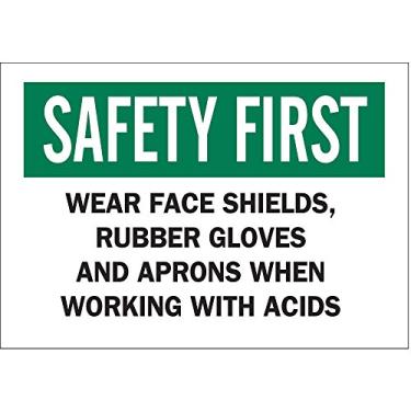 Imagem de Brady 22369 Placa de plástico químico e materiais perigosos, 17,8 cm x 25,4 cm, legenda "Use protetores faciais, luvas de borracha e aventais ao trabalhar com ácidos"