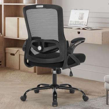 Imagem de Cadeira de escritório, cadeira de mesa ergonômica com altura ajustável, suporte lombar, suporte de malha de encosto alto com apoios de braços dobráveis, cadeiras de tarefas para computador de