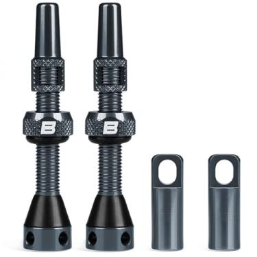 Imagem de BWSHLF Haste de válvula Presta sem câmara cinza 60 mm/80 mm, kit de haste de válvula Presta de liga super leve com ferramenta de remoção de núcleo de valor e tampas de haste de válvula - Várias opções de cores e tamanhos (par)