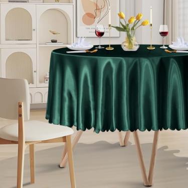 Imagem de Cobedzy Pacote com 1 toalha de mesa redonda de cetim de 228 cm, capa de mesa de cetim verde caçador, sobreposta, toalha de mesa de jantar sedosa para casamento, festa, banquete, eventos, recepção