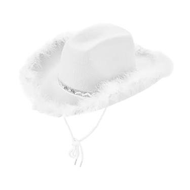 Imagem de Vaveren Penhas de cowgirl chapéu criativo chapéu de cowboy para mulheres para festas de festas interpretar papéis, Branco