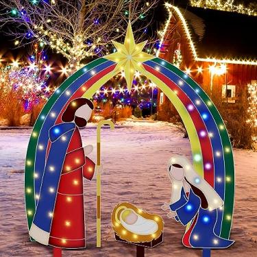 Imagem de Moukeren Conjunto de presépio de Natal, 4 peças, presépio de Natal, ao ar livre, família sagrada com luzes, presépio, decoração de sinal de quintal para Natal, jardim ao ar livre, jardins, gramados (clássico)