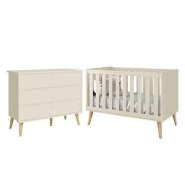 Imagem de Jogo De Quarto Infantil Theo Cômoda 6 Gavetas E Berço Areia Fosco Com Pés Madeira Natural - Reller Móveis Areia Fosco
