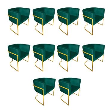 Imagem de Kit 10 Cadeiras De Jantar Premium Base De Ferro Dourada Veludo Verde