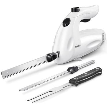 Imagem de Conjunto de Facas Elétricas Reemix Potentes 150W com Garfo e 2 Lâminas - Ideal para Cortar Carnes, Aves e Pães - Branco