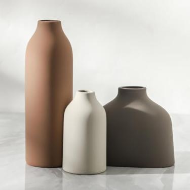 Imagem de Conjunto de 3 vasos de cerâmica, decoração de casa, decoração rústica moderna de casa de fazenda, flores frescas secas de grama, quarto, sala de estar, decoração de estante, decoração de mesa de