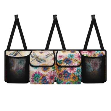 Imagem de TOADDMOS Dragonfly Organizador de porta-malas de carro para mulheres, boêmio, flores florais, impermeável, pendurado, organizador de armazenamento de carro, bolsa de armazenamento