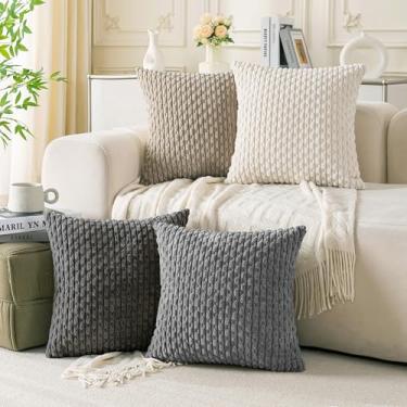 Imagem de Cozoomy Conjunto de 4 fronhas decorativas cinza e branco acastanhado 66 x 66 cm capas de almofada de veludo cotelê para cama, sofá, sala de estar, capas de almofada quadradas macias