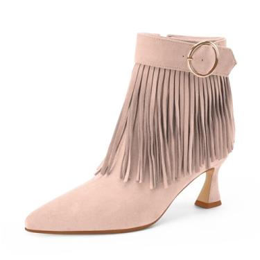 Imagem de Perisis Botas femininas com franjas, salto gatinho, preto, bico fino, camurça, cano curto, com zíper lateral, Rosa bebê, 38