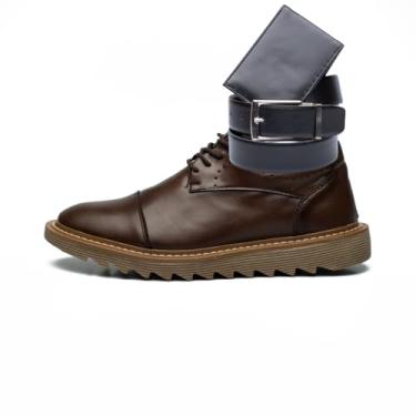 Imagem de ThézB Sapato Social Oxford Masculino em Couro Sintético, Sola Tratorada, Estilo Brogue, Formal, Marrom, com Cinto e Carteira (Conhaque Ambar, BR, Adulto, Numérico, 41)
