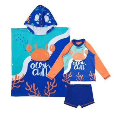 Imagem de Conjunto Proteção Solar Uv+ Poncho Atoalhado Menino Infantil - Fofotin