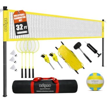 Imagem de Conjunto combo de badminton e voleibol – rede profissional de vôlei para gramado, quintal, conjunto de vôlei fácil de configurar com bolsa de transporte, linha de limites | vem com discos voadores para diversão em família