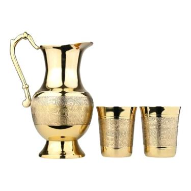 Imagem de Jarra de água de latão com 2 copos curvados | Design tradicional gravado à mão | Utensílios de bebida ecológicos para saúde e decoração de casa